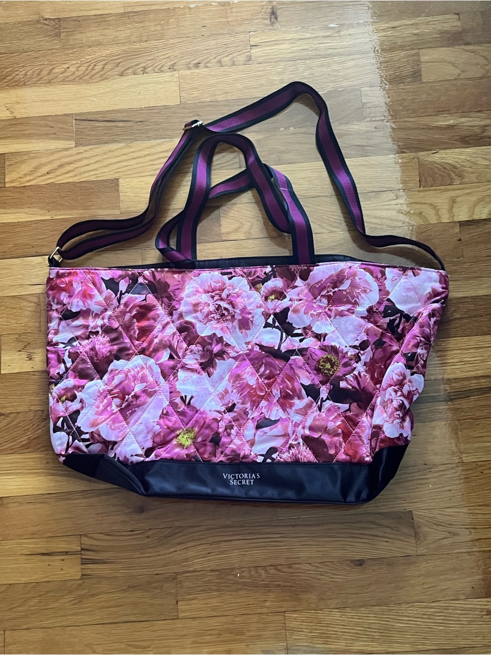 NWT Victoria's Secret Pink Floral Quilted Shopper Tote with Striped Straps